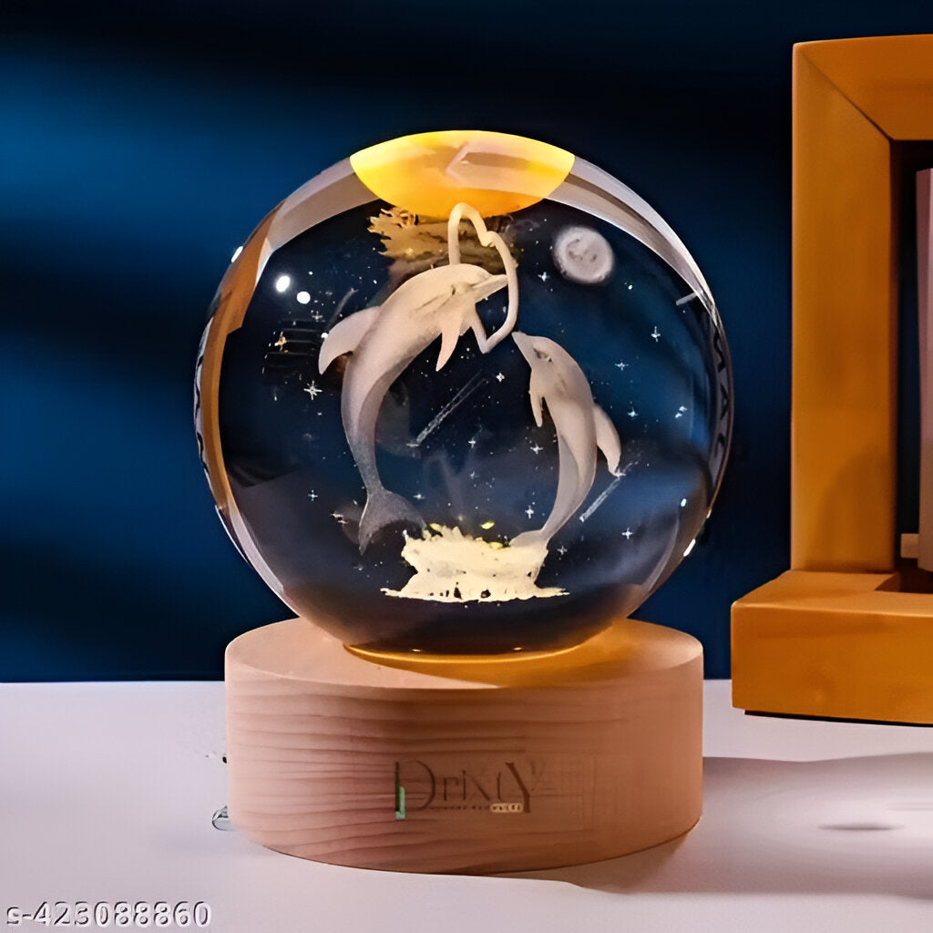 3D Crystal Dolphin Ball with LED Wooden Base – Laser Engraved Showpiece