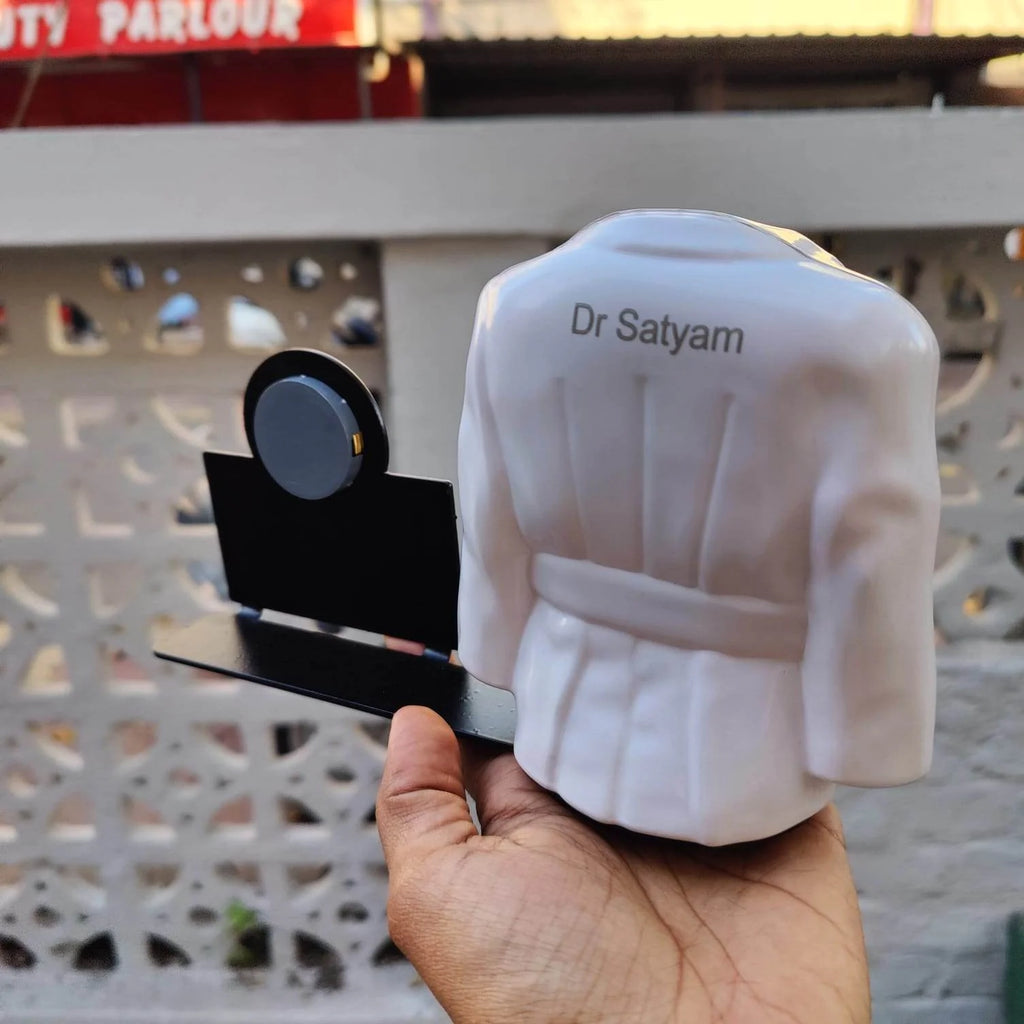 Custom Doctor Pen Stand with Clock – Personalized Medical Desk Organizer (Coat Shape)