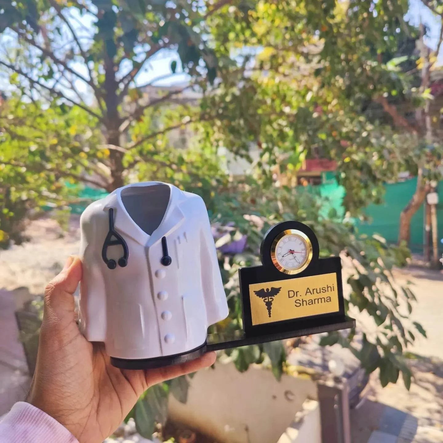 Custom Doctor Pen Stand with Clock – Personalized Medical Desk Organizer (Coat Shape)