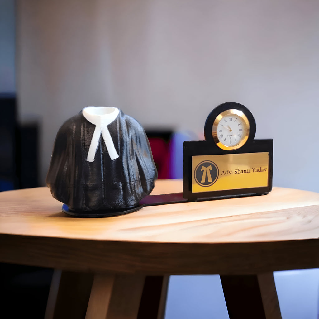 Custom Name Advocate Pen Stand with Clock – Coat Shape Desk Organizer