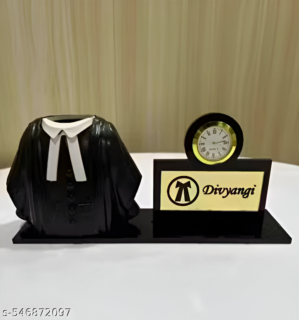 Custom Name Advocate Pen Stand with Clock – Coat Shape Desk Organizer