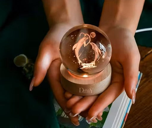 3D Crystal Dolphin Ball with LED Wooden Base – Laser Engraved Showpiece