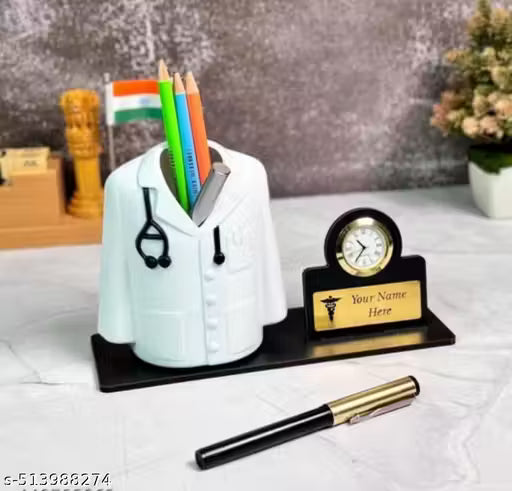 Custom Doctor Pen Stand with Clock – Personalized Medical Desk Organizer (Coat Shape)